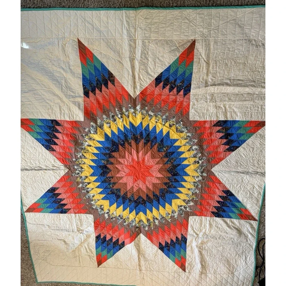 Vintage Handmade Lone Star Scrap Quilt Large Center Medallion Teal Border
